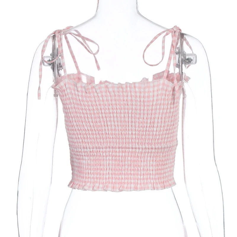 

2021 Summer Fashion Sweet KawaiiFungus Side Crop Top Women Hollow Bow Folds Lace-up Collar Ruffled Hem Top Vest Tops 2021
