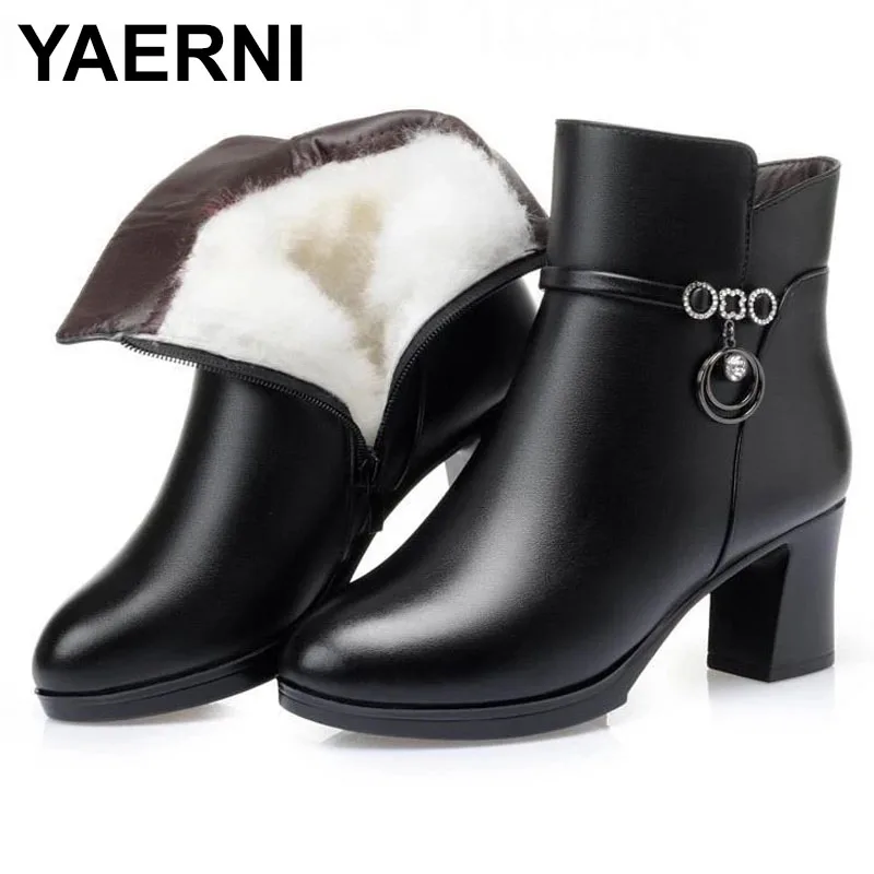 

YAERNI 2021Hot Sale Genuine Leather Shoes Women Snow Boots Natural Sheep Wool High Heels Winter Shoes Women Ankle Boots