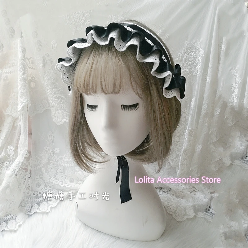 

Maid Lolita Lace Ruffles Headband Japanese Dark Girl Gothic Cosplay Headdress Black White Hair Band KC Hairpin Hair ornaments