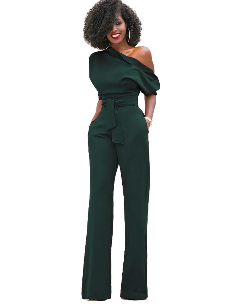 

Jumpsuit Set Asymmetric Oblique Shoulder Plain Jumpsuits High Waist Belt Office Leisure Straight Wide Leg Pant