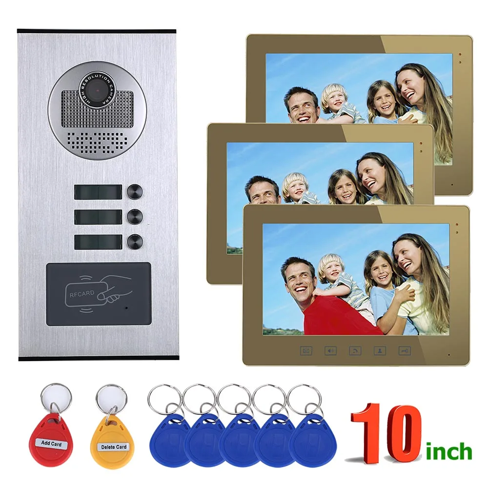 

GAMWTER Wired Video Intercom Systems 3 apartments 10 inch Video Door Phone System RFID IR-CUT HD 1000TVL Doorbell Camera