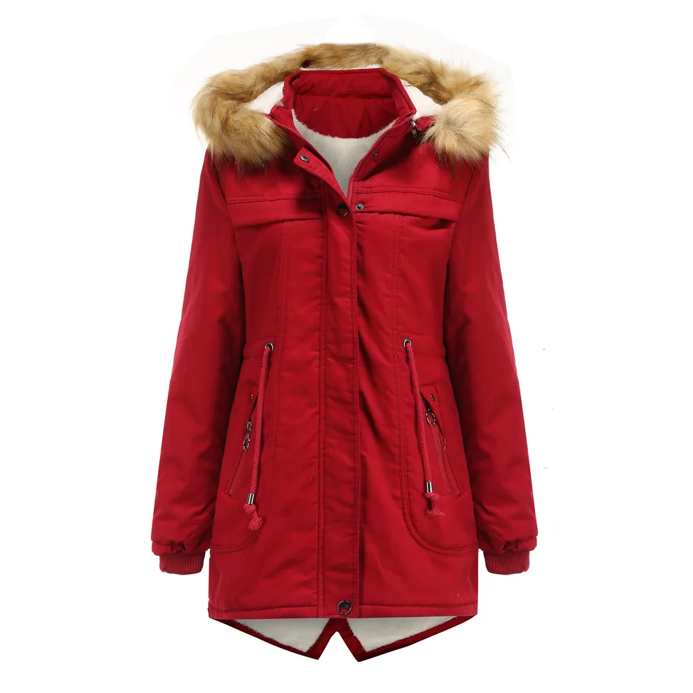 Casual Cute Women Fleece Cotton-padded Coat Detachable Hood and Fur Collar Winter Warmth Plus Fleece Parkas Cotton-padded M-3XL