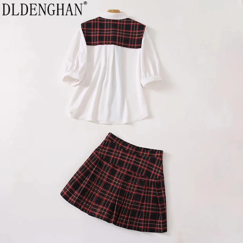 

DLDENGHAN Designer Preppy Style Jk Two-Piece Suit Women's Shawl Lapel Half Sleeve Solid Shirt + Stripe Print Skirts Summer New