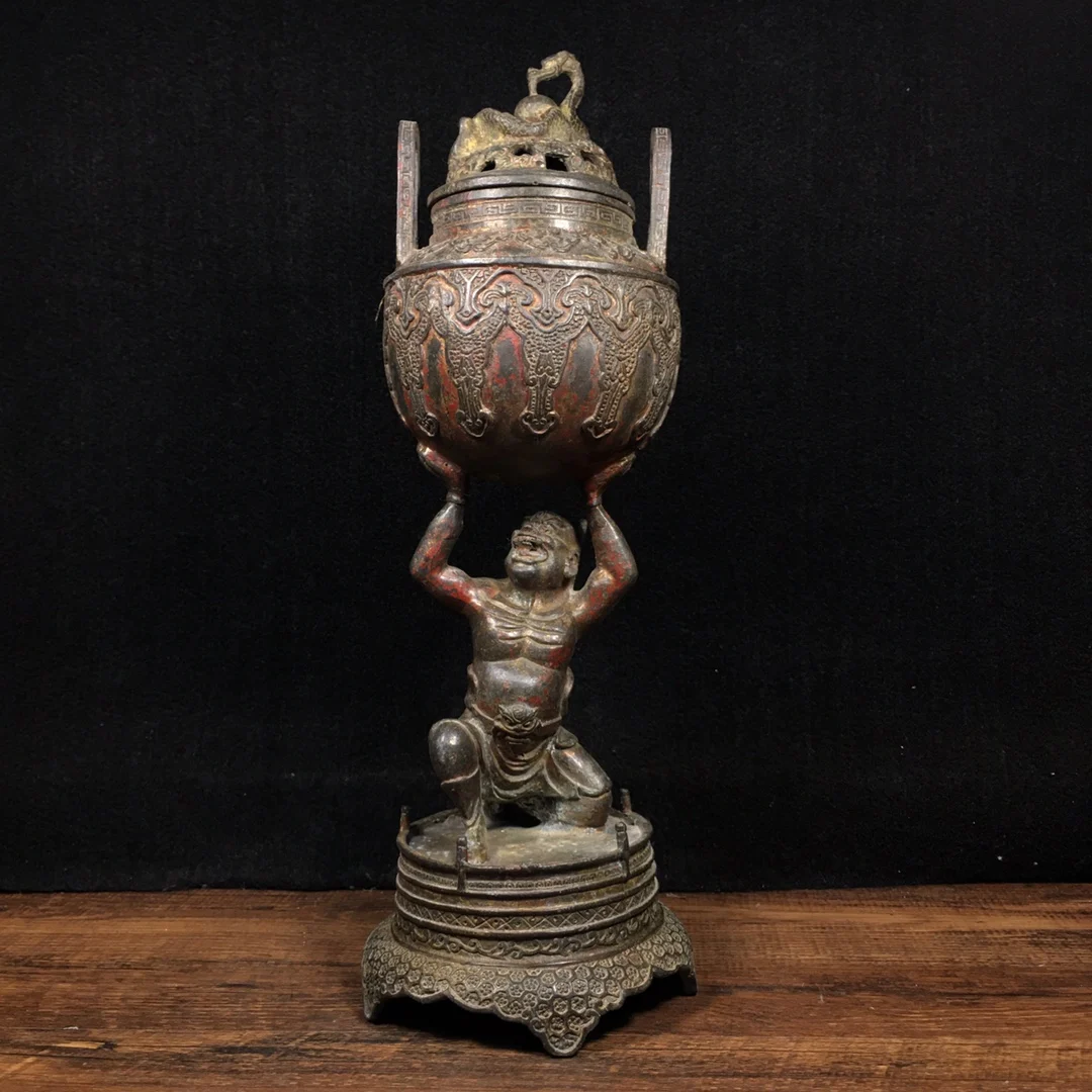 

12"Chinese Folk Collection Old Bronze Cinnabar Lacquer King Kong Buddha Lift lotus incense burner Office Ornaments Town House