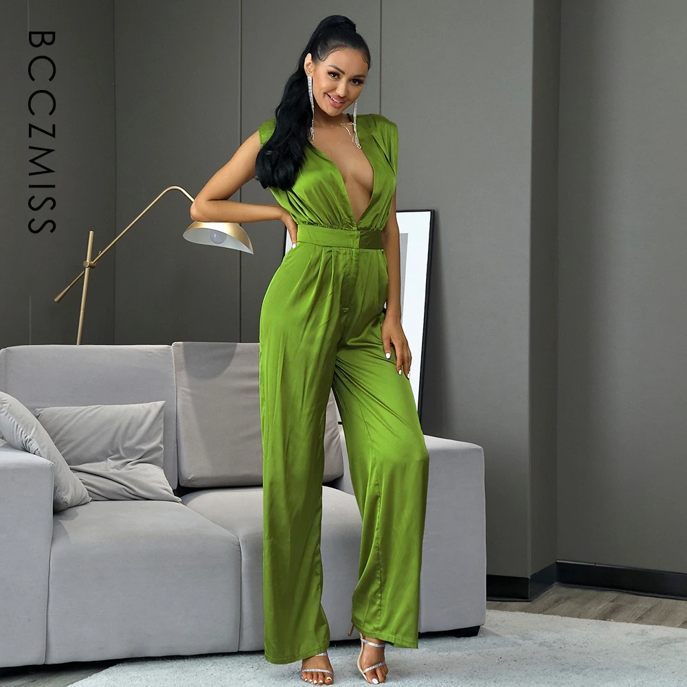 

2021 Green Trousers Suit Sexy&Club Women Summer Wide Leg Pants Strapless Sleeveless Top V-Neck Loose Casual Hight Waist Jumpsuit