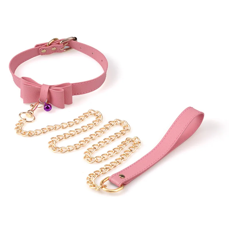 Fetish Pink Leather SM Girls Kinky Tuning Slave Collar Adult Sex Toys Choker with Metal Chain Bondage Restraint | Красота и здоровье