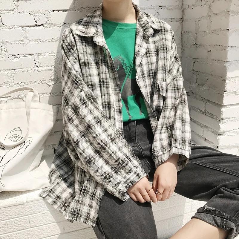 

Summer and Autumn Plaid Shirt Women's Loose Shirt Retro Blusas Ropa De Mujer