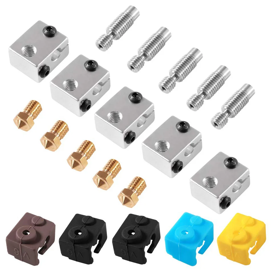 

Aluminum Heater Block 1.75mm Extruder Throat Tube M6 Thread 0.4mm Brass Extruder Nozzle Silicone Heater Socks For E3D V6 RepRap