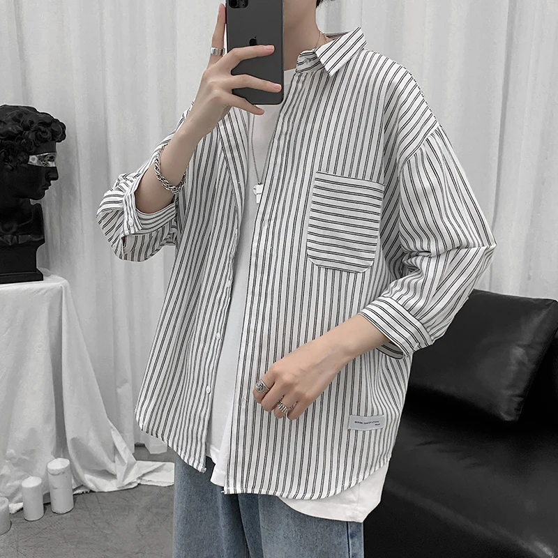 

Single Breasted Men Striped Shirt 2022 Spring Autumn Casual Long Sleeve Shirt Oversized Loose Fit Styles Brand Man Clothing