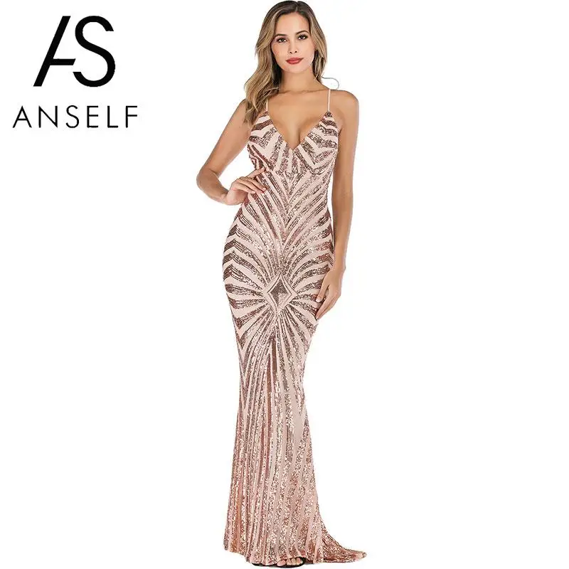 Женское длинное платье с блестками блестящее макси без рукавов глубоким V