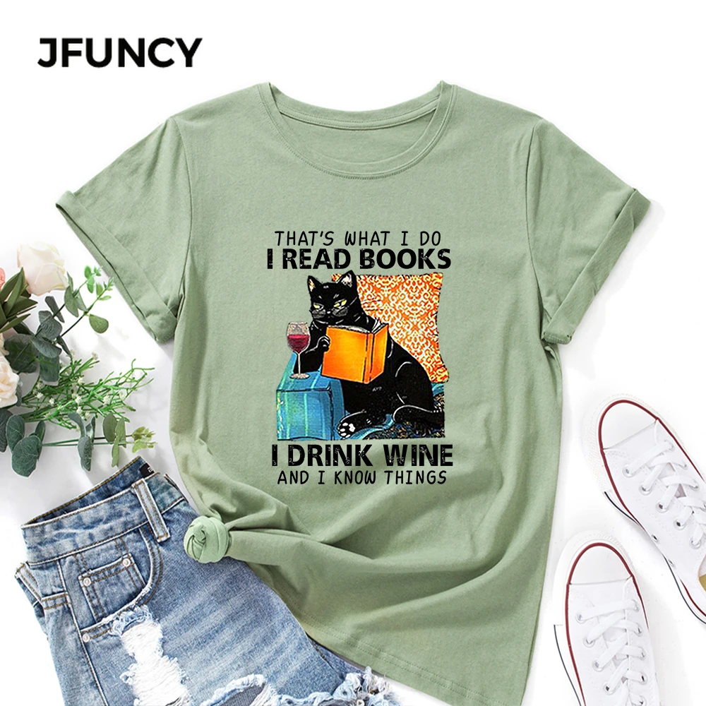 JFUNCY  Women T-shirt Female Short Sleeve T Shirt Funny Cat Print Tops Woman Loose Shirts Summer Cotton Clothes
