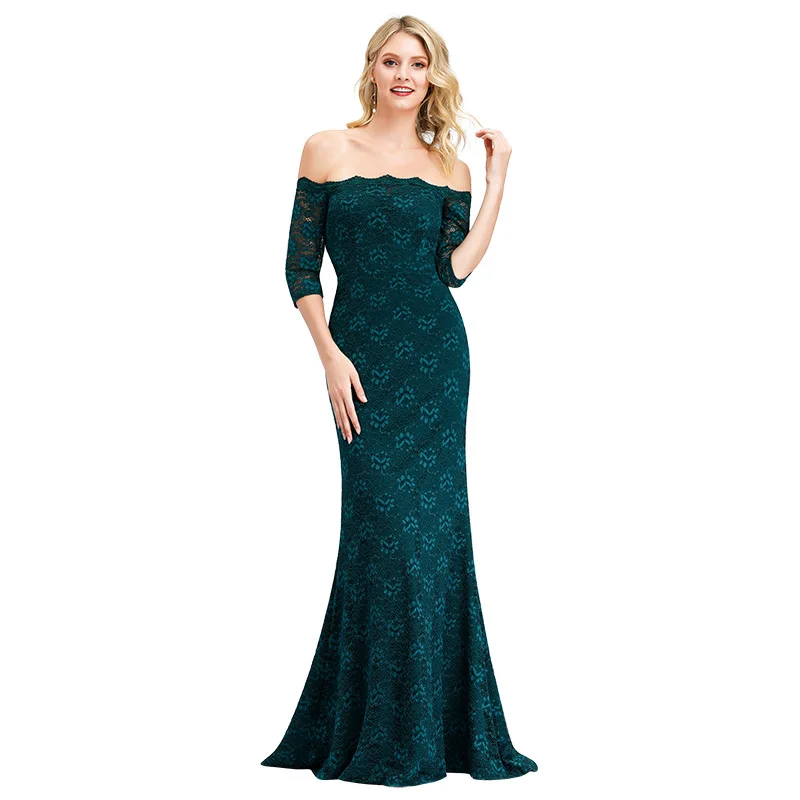 

Evening Dresses Green Lace Formal Party Dresses R160 Boat Neck Robe De Soiree Off The Shoulder Elegant Women Banquet Vestidos