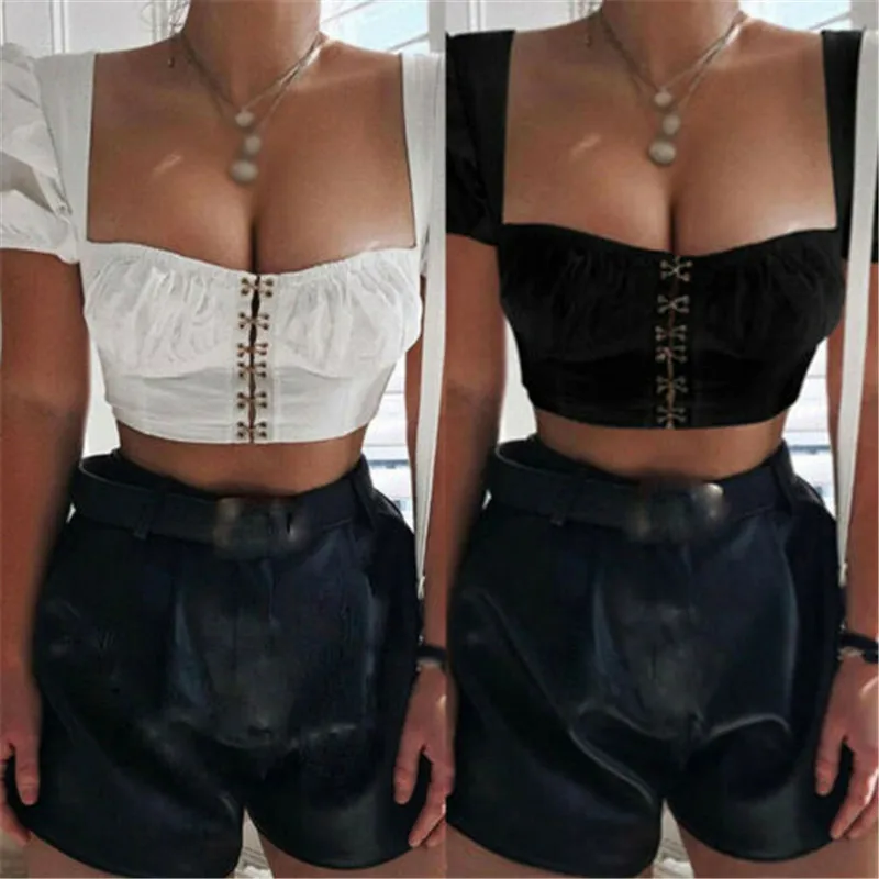 Готический женский бандажный плиссированный топ с оборками летний черный