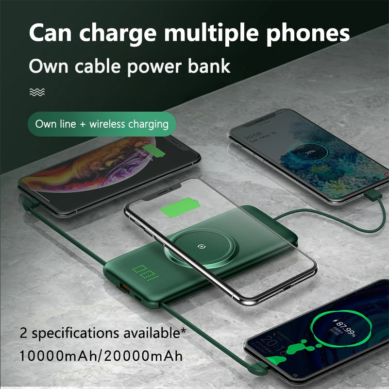 

20000mAh Portable Qi Wireless Charger Power Bank Built-in 4 Cable Powerbank 20000 mAh External Battery Charger For Xiaomi iPhone
