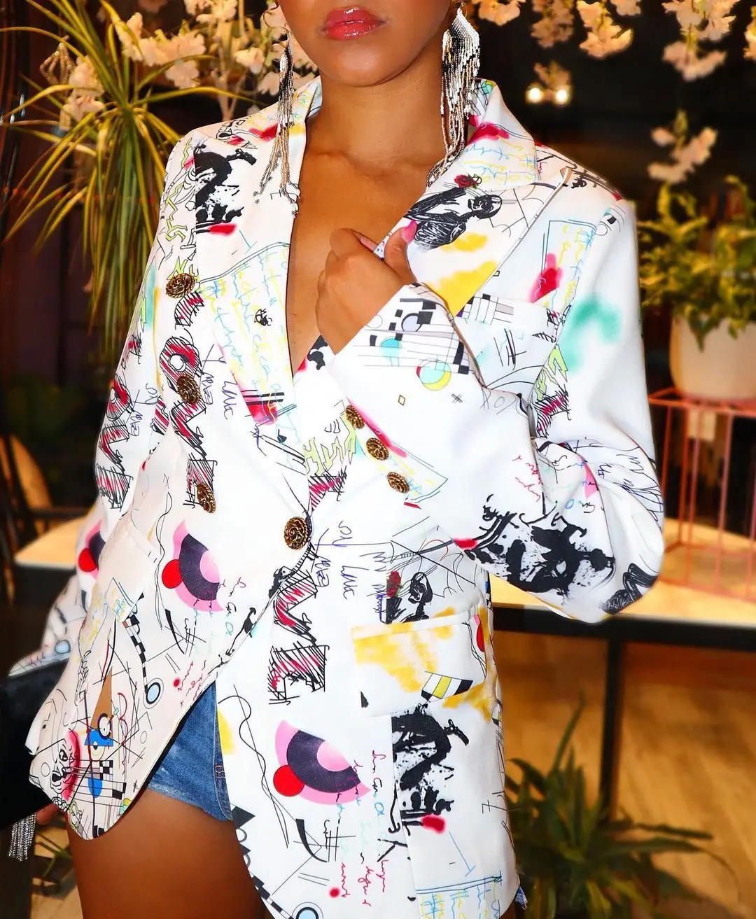 

Aniow Autumn Long Sleeve Slim Graffiti Print Blazer New Design White Jacket Outwear Streetwear Casual Suit Autumn Clothing