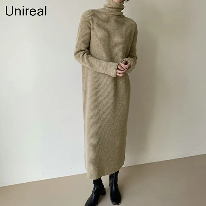 

Осень-зима 2022, женские вязаные платья Unireal, плотные пуловеры, повседневное длинное теплое платье-свитер с высоким воротником