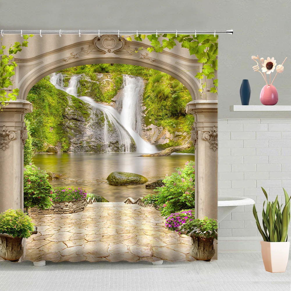 

Bathroom Decoration 3D Three-dimensional Roman Architecture Background Partition Screen Waterproof Polyester Fabric With Hooks