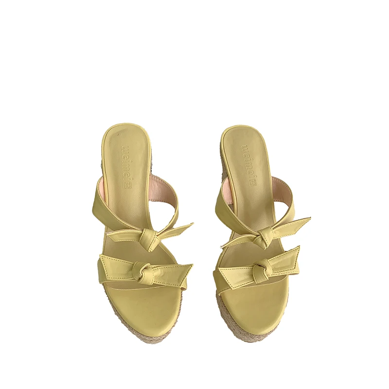 

Wedge Sandals Hemp Rope Rattan Grass Weaving Slides Suede Solid Color Bow Women's Slippers Open Toe Nude Back Casual Women Shoes