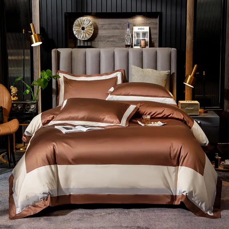 

600TC Egyptian Cotton Patchwork Stripe Brown Duvet Cover Set Queen King, Solid Bedding Set Luxury Fitted Bed Sheet Pillowcase