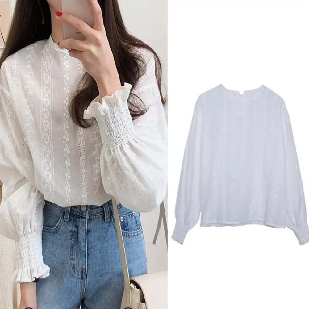 Модная женская кружевная Повседневная рубашка с круглым вырезом и длинными