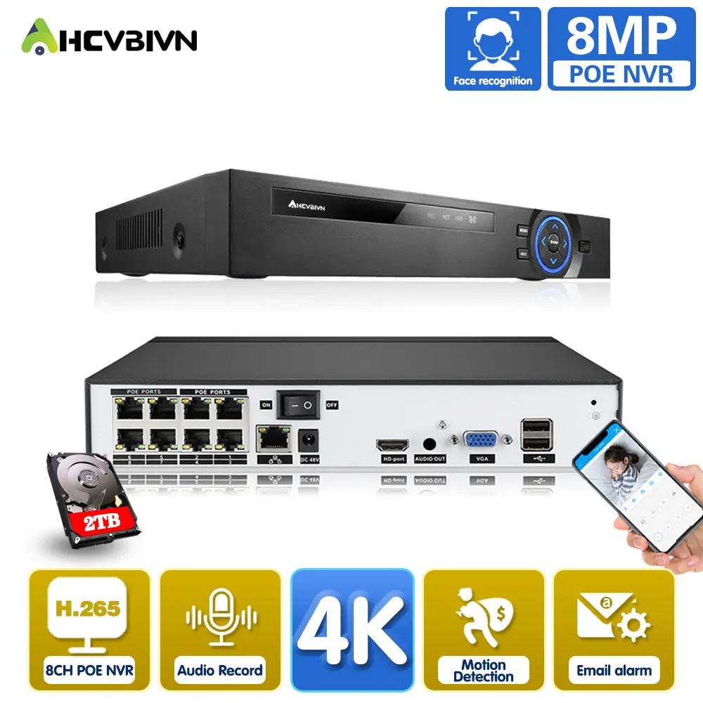 

AHCVBIVN XMeye 4/8ch 5MP 8MP POE NVR Face Recognition H.265+ Network Video Recorder Audio Record POE IP Camera 4K P2P System