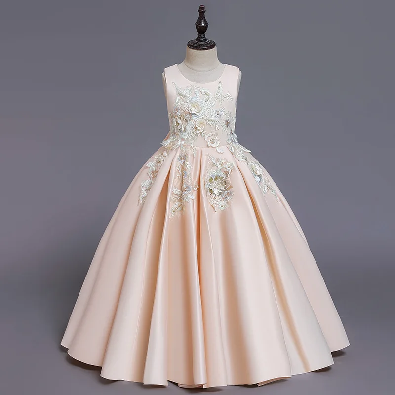 

High-grade Embroidered Girls dress Satin Sleeveless wedding kids dresses for girls Princess dress flower elegant Ceremony teens