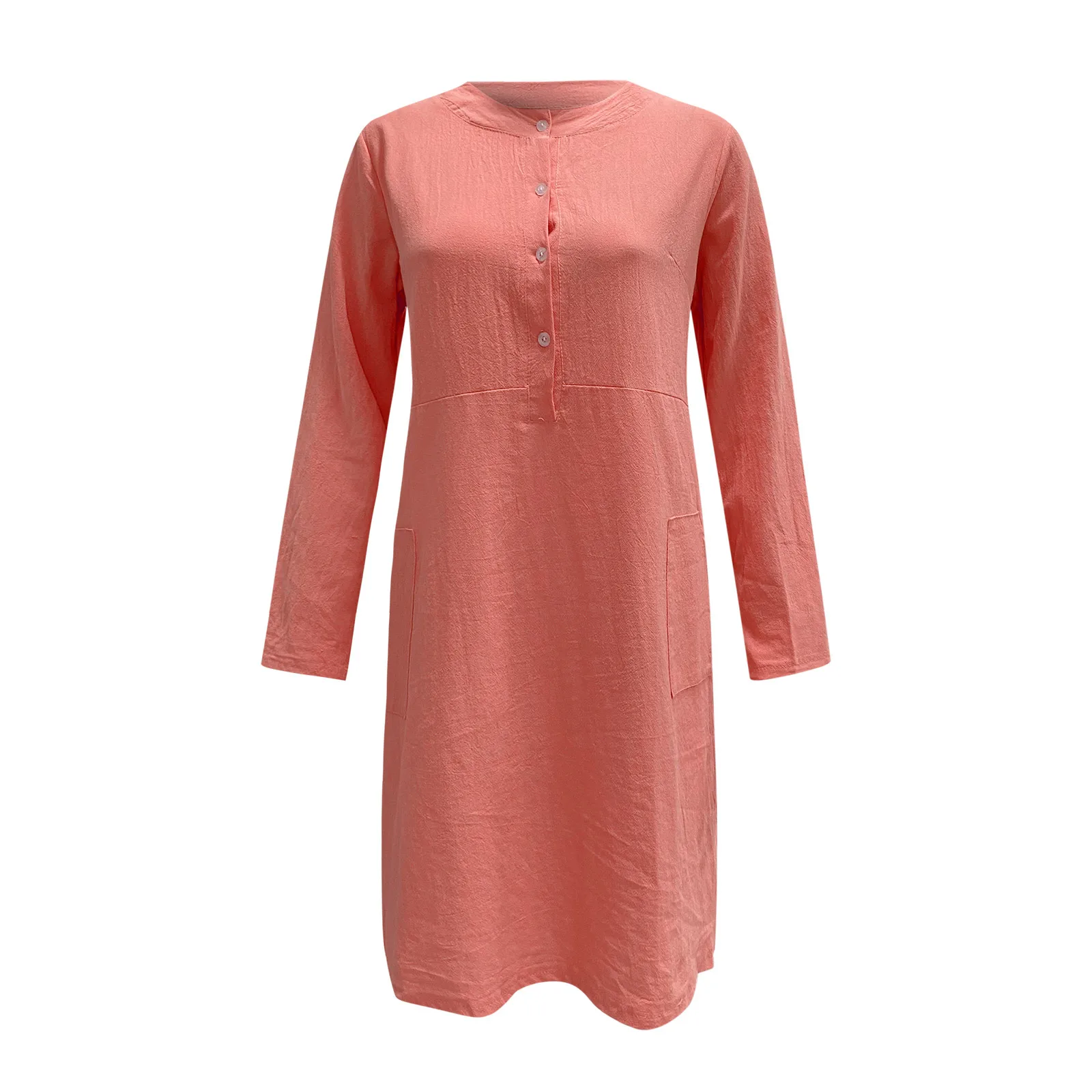 

2021 New Popular Large Size Women's Round Neck Knee-Length Linen Dress Boho Casual Loose Dress With Buttons Dress 617#G