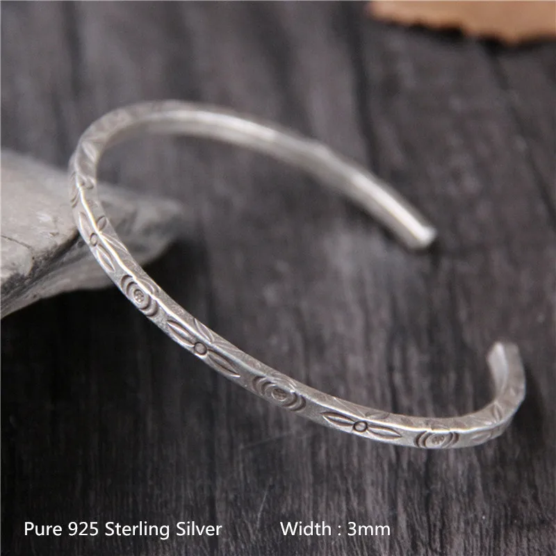 

Buyee 100% 925 Sterling Silver Vintage Cuff Bangle Women Retro Exquisite Carving Pattern Open Bangle for Women Bijoux Jewelry