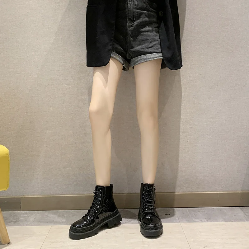 Женские ботильоны из лакированной кожи мотоциклетные ботинки женские на