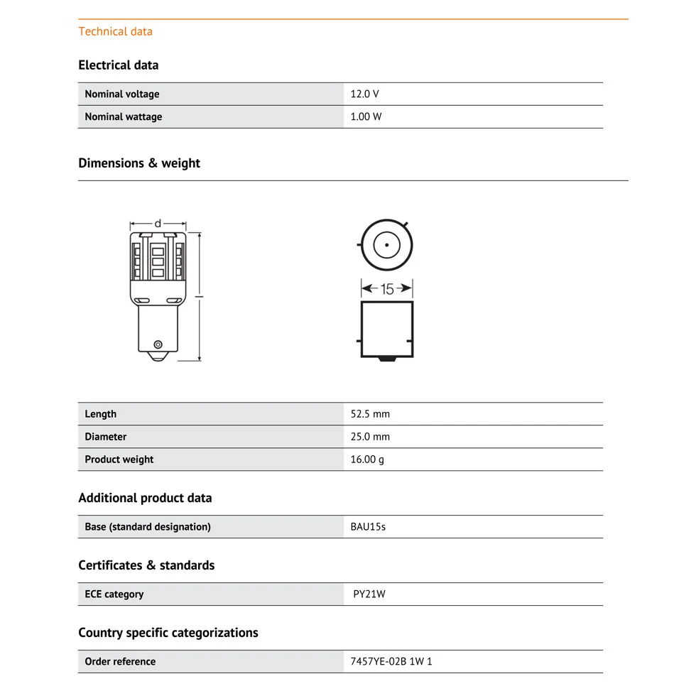 Светодиодные автолампы OSRAM PY21W BAU15s желтые сигнасветильник лампы 7457YE S25