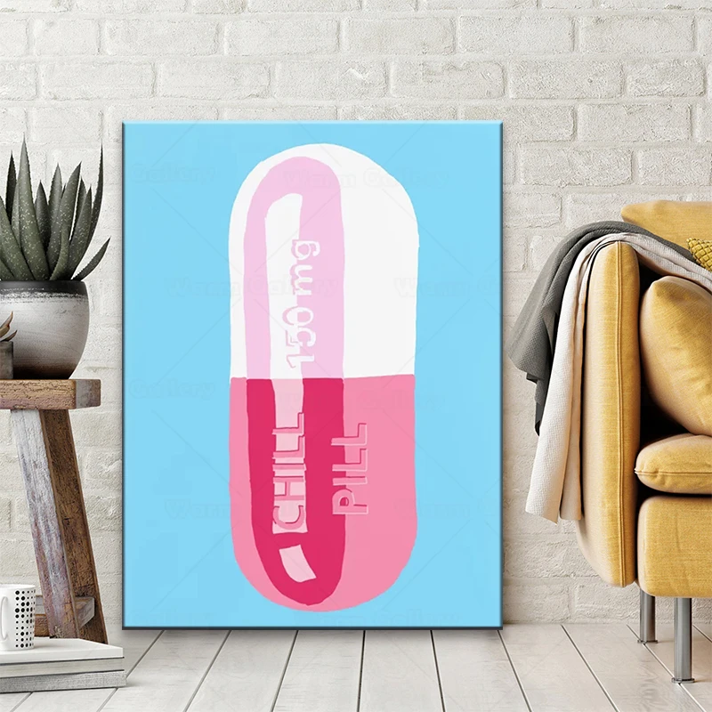 Prints Painting Wall Artwork Pill Pink White Cartoon Modular Canvas Blue Posters Picture Modern Home Decor Bedside Background | Дом и сад