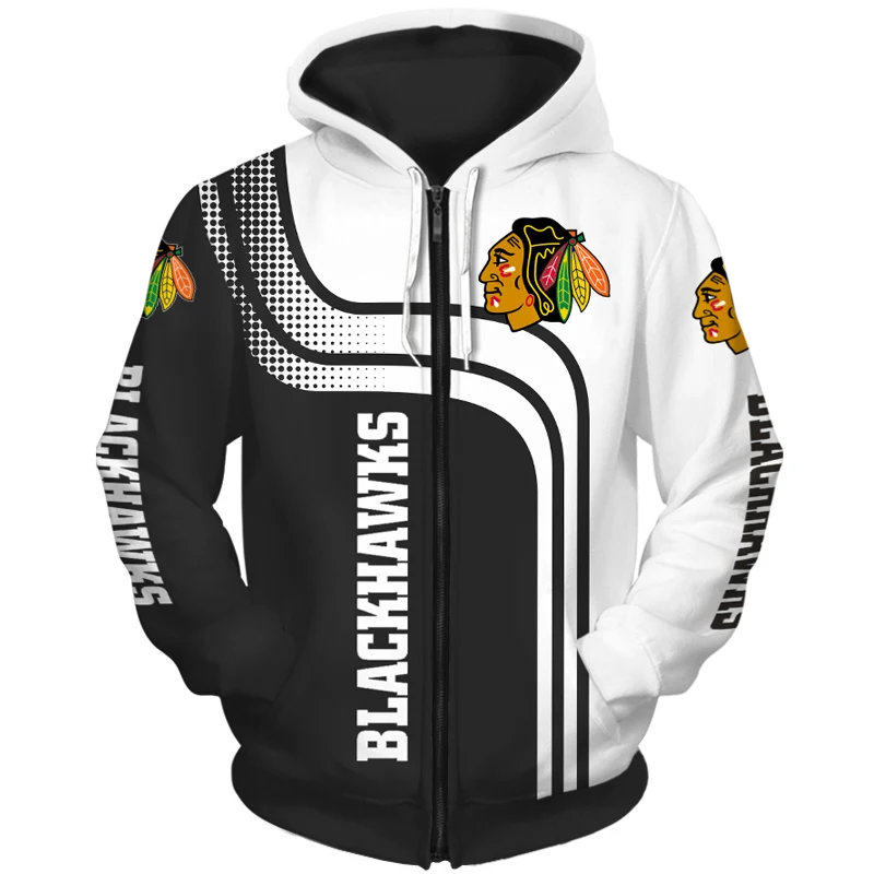 

Chicago men's Fashion Long Sleeve 3D Blackhawks Zip Hoodies Black And White Stitching Color Graffiti Face Print Sweatshirt