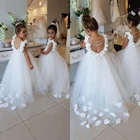 Белое платье для девочки с цветочной аппликацией 3D ручной работы, элегантное бальное платье с круглым вырезом, Длинные Детские вечерние платья
