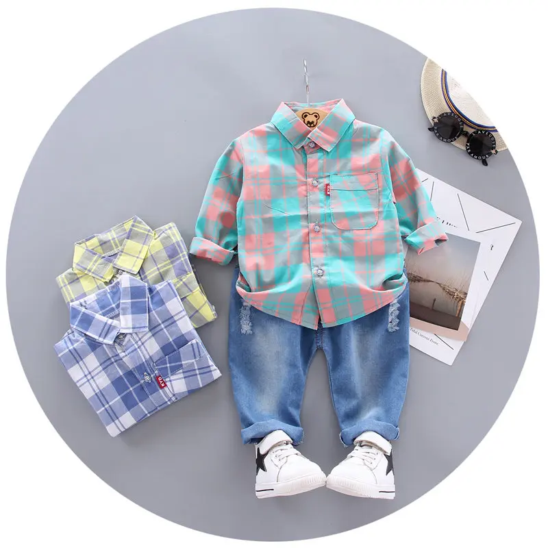 

Spring Autumn Baby Girls Boys Clothing Sets Lapel Plaid Shirt Pants Kids causal Children Costume Infant Leisure Clothes Suits