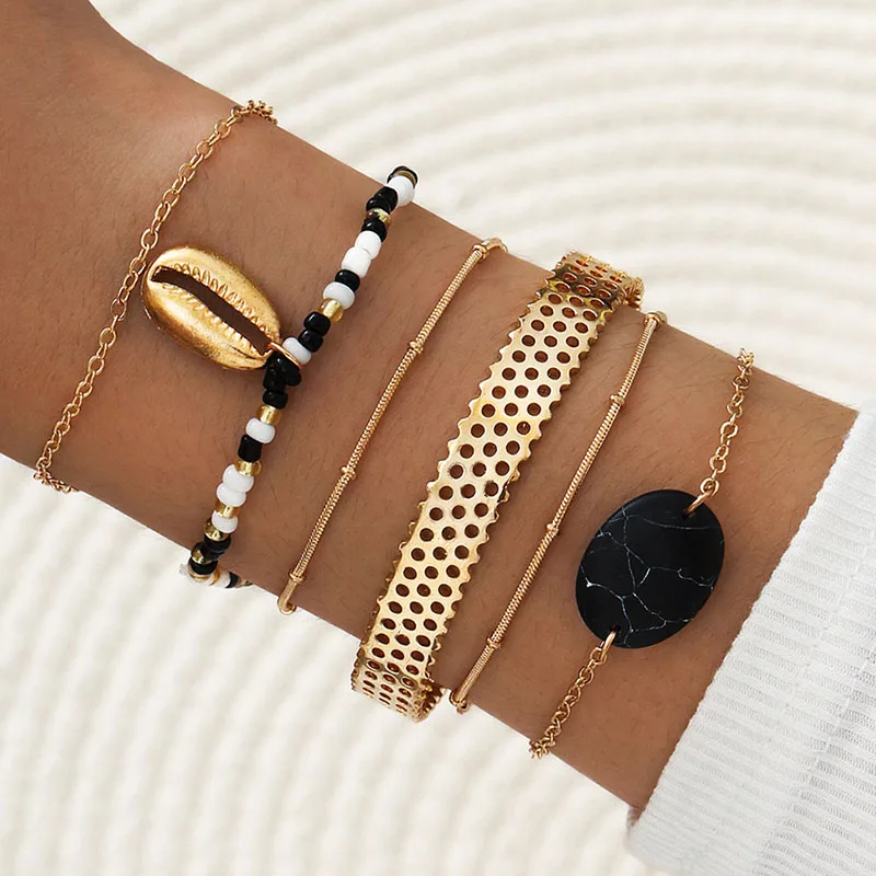 

6 Pcs/Set Hollow Open Cuff Bangle Beads Strand Seashell Black Stone Charm Braclets Set for Women Fashion Bracelets Woman 2020