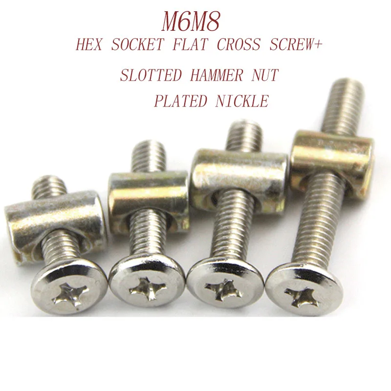 M6M8 plated nickle phillips cross inverted flat head furniture screw dowel slotted hammer embedded nut  for crib chair1209