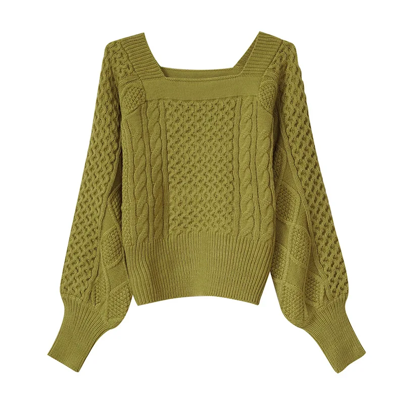 

2021 autumn and winter new simple retro twist square neck long sleeve sweater women