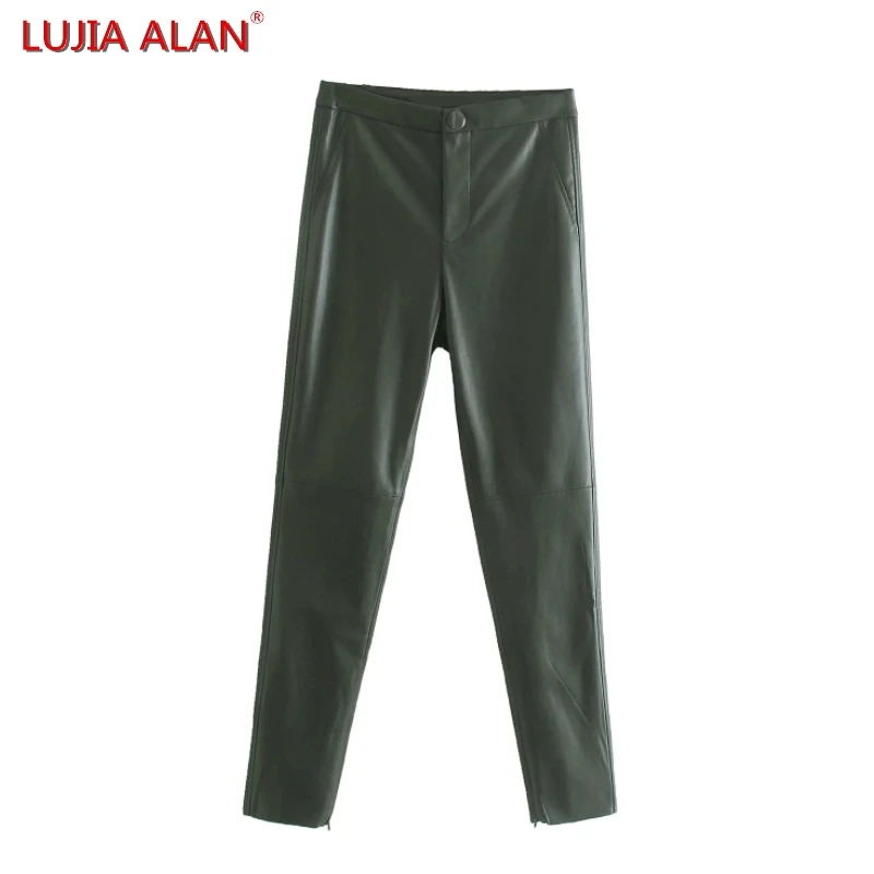 

LUJIA ALAN модные однотонные женские эластичные брюки из искусственной кожи длиной до щиколотки повседневные женские брюки-карандаш с высокой ...
