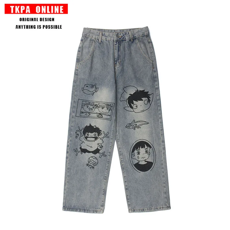 

2021 Painted Cartoon Graffiti Printing Jeans Men's Korean Style High Street Fashion Loose Straight Hip Hop Wide Leg Pants