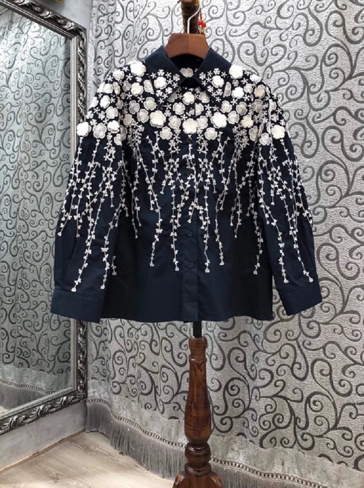 

2020 Autumn Style Designer Blouses Shirt Women Turn-down Collar Exquisite Embroidery Long Sleeve Casual Button Shirt White Blue