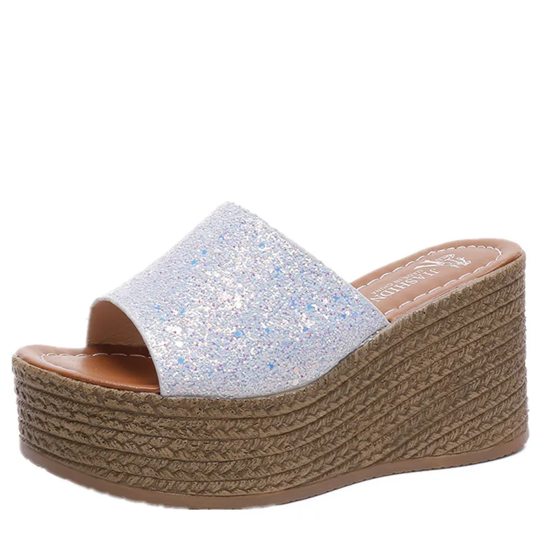 Танкетка женская с блестками модные повседневные Нескользящие шлепанцы на