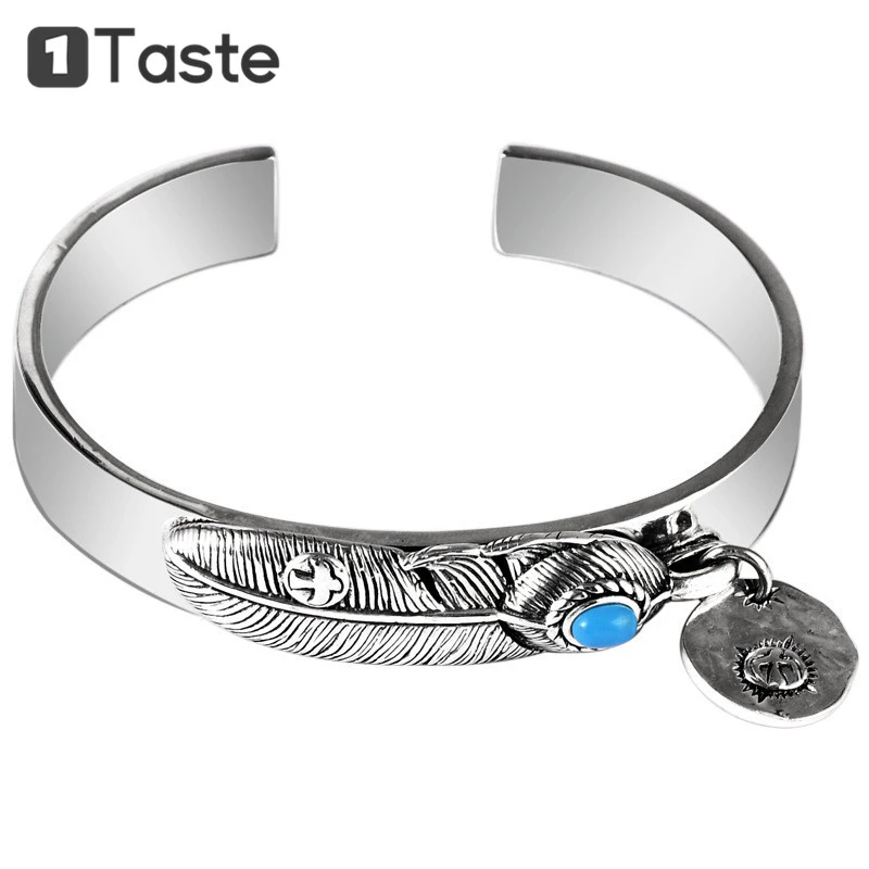 

ONE TASTE 999 Sterling Thai Silver Lovers' Bangle Handcraft Feather Turquoise Open Bangles Fine Jewelry Trendy Gift Party