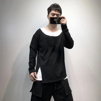 day fasten fashion false two black and white spell loose round collar tide male t shirt make bottom unlined upper garment