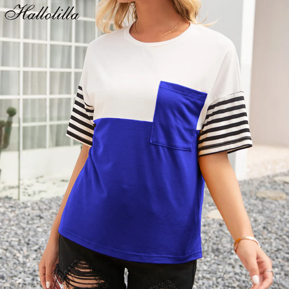

Womens Clothing T Shirt Women Tee Shirt Femme Streetwear Top Tee Tops Stitching Stripes Casual Fashion Pullover Pockets Ladies