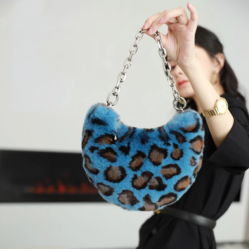 KAISHIN Fashion Womens Full-pelt Rex Rabbit Fur Crossbody Bag Leopard Pattern Half-moon Shoulder Bag IL00627