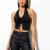 70 dropshippingwomen vest v neck sleeveless halter sexy ruched drawstring backless crop top for summer