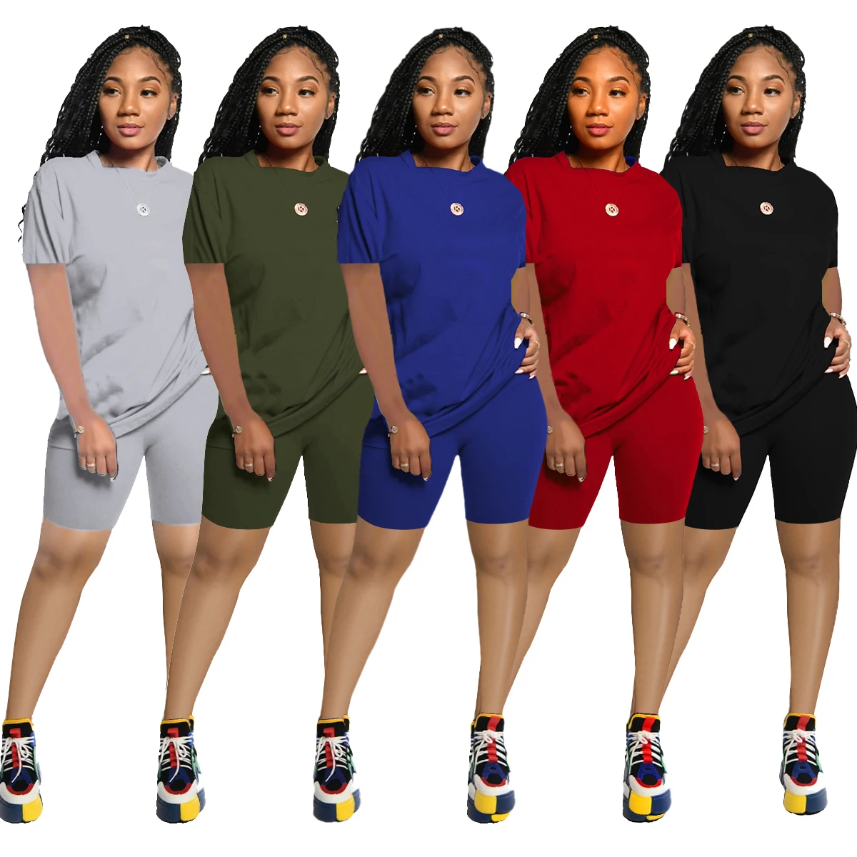 

Women's casual T-shirt suit summer solid color slim short-sleeved top shorts suit streetwear women's two-piece sportswear suit
