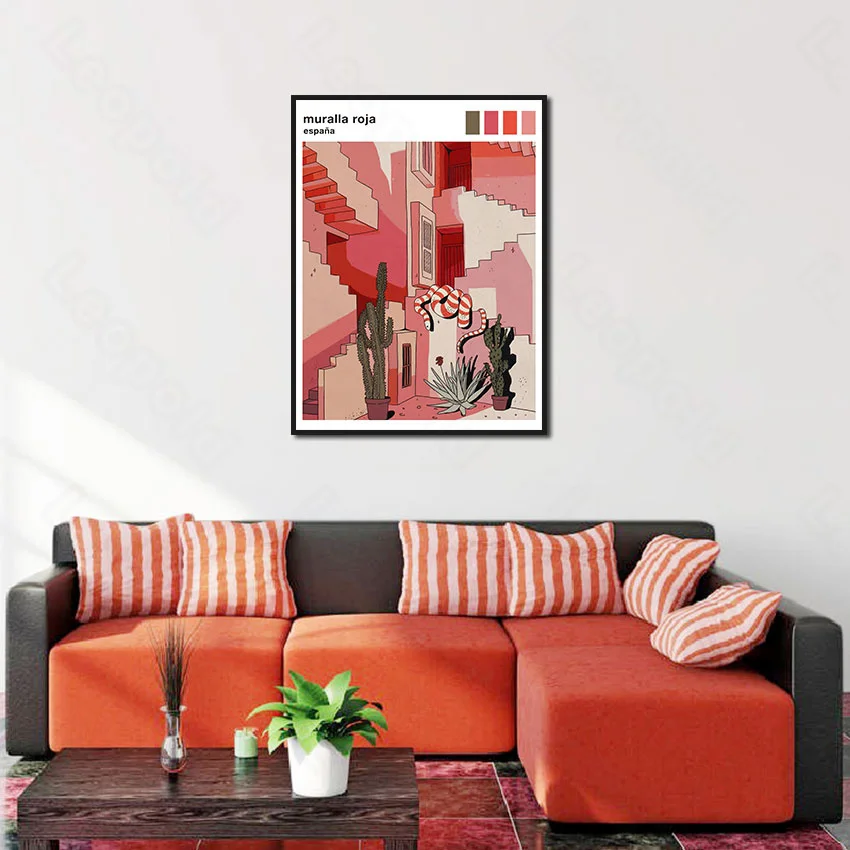 

Modern Style Murals Pink Stairs and Snake Cactus Frameles Poster Home Residential Bedroom Decoration Living Room Canvas Painting