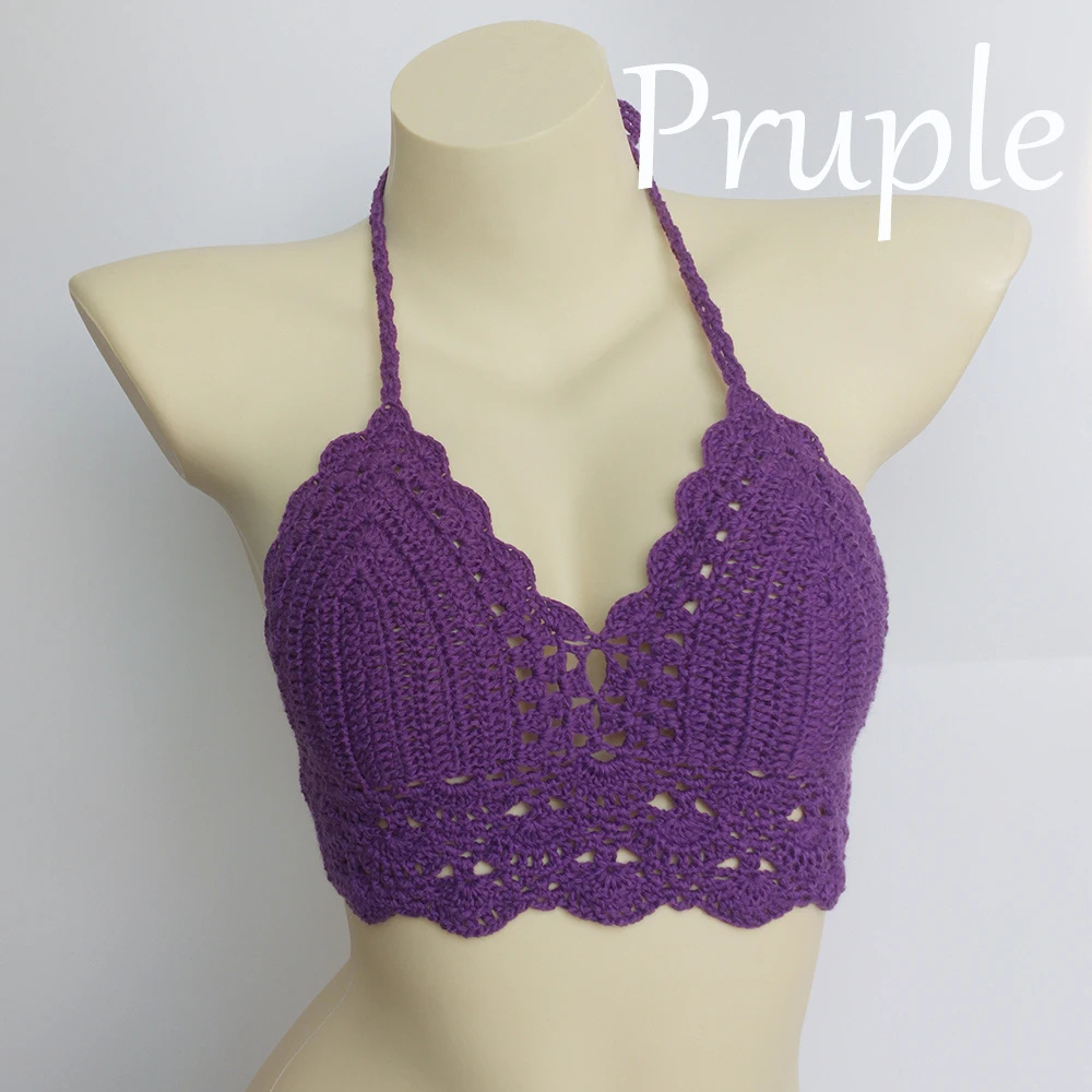 10 Colors Have Lining Womens Bikini Top Sexy Crochet Knit Separate Female Swimsuit Push Up Bra Beachwear Plus Size Bathing Suits - Цвет: purple top