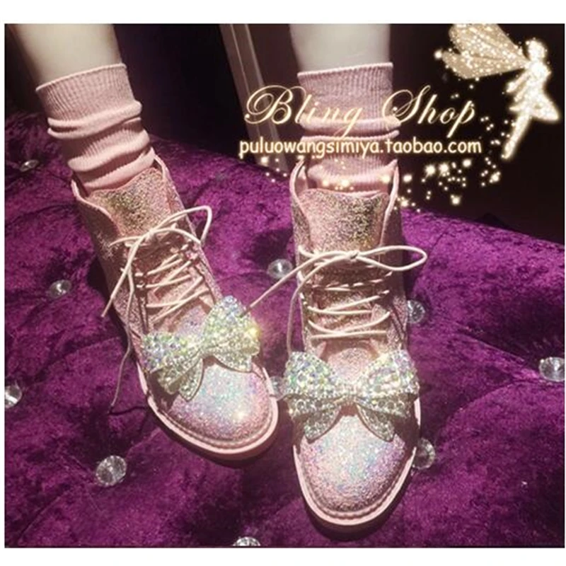 New sequins female Martin boots sweet ins rhinestones bow European station fashion women's ankle | Обувь